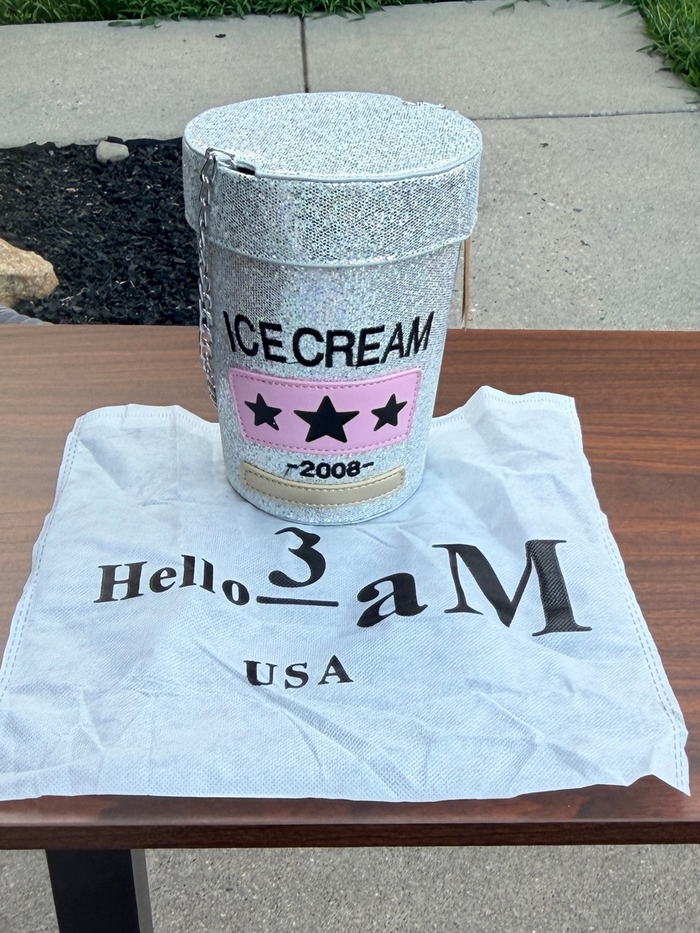 Hello 3AM Forever Silver Glitter Ice Cream Pint Crossbody Purse